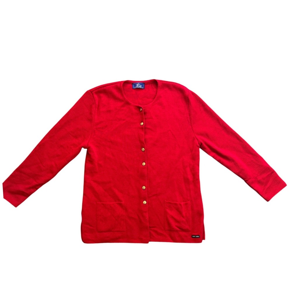Saint James Vintage Wool Cardigan Womens 14 Red Gold Button Made in France M